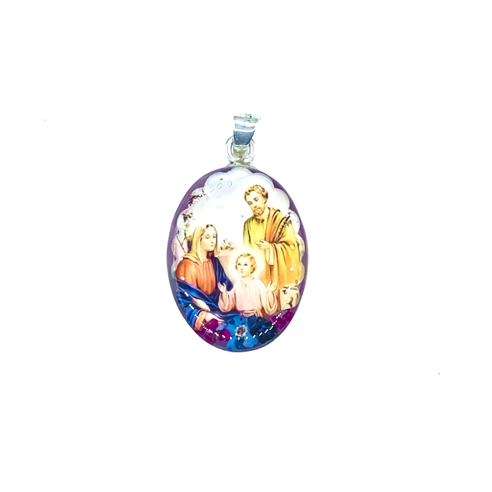 Holy Family Small Oval Pendant w/ Pressed Flowers 18-inch - Image 3