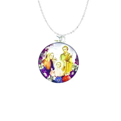 Holy Family Small Round Pendant w/ Pressed Flowers 18-inch