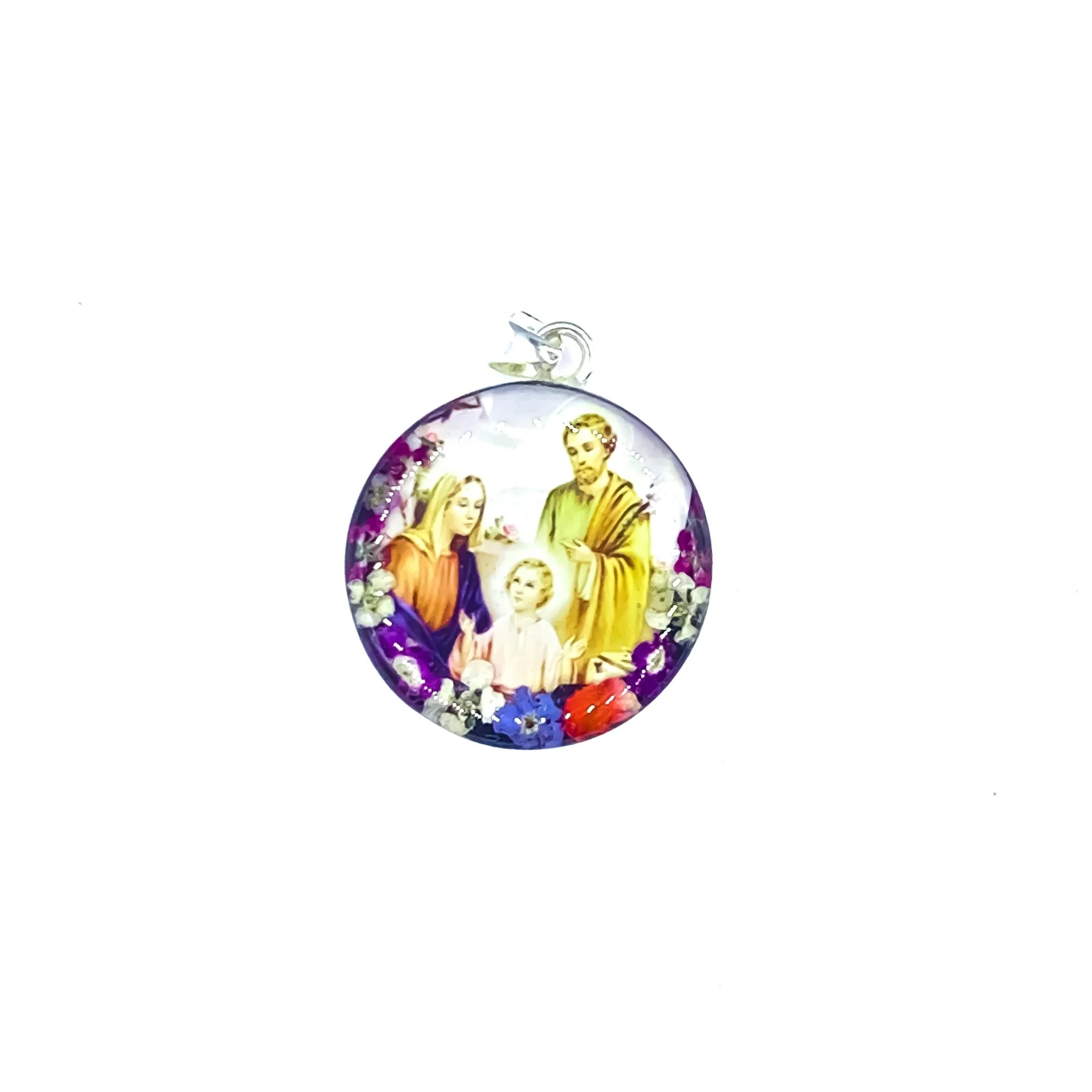 Holy Family Small Round Pendant w/ Pressed Flowers 18-inch - Image 2