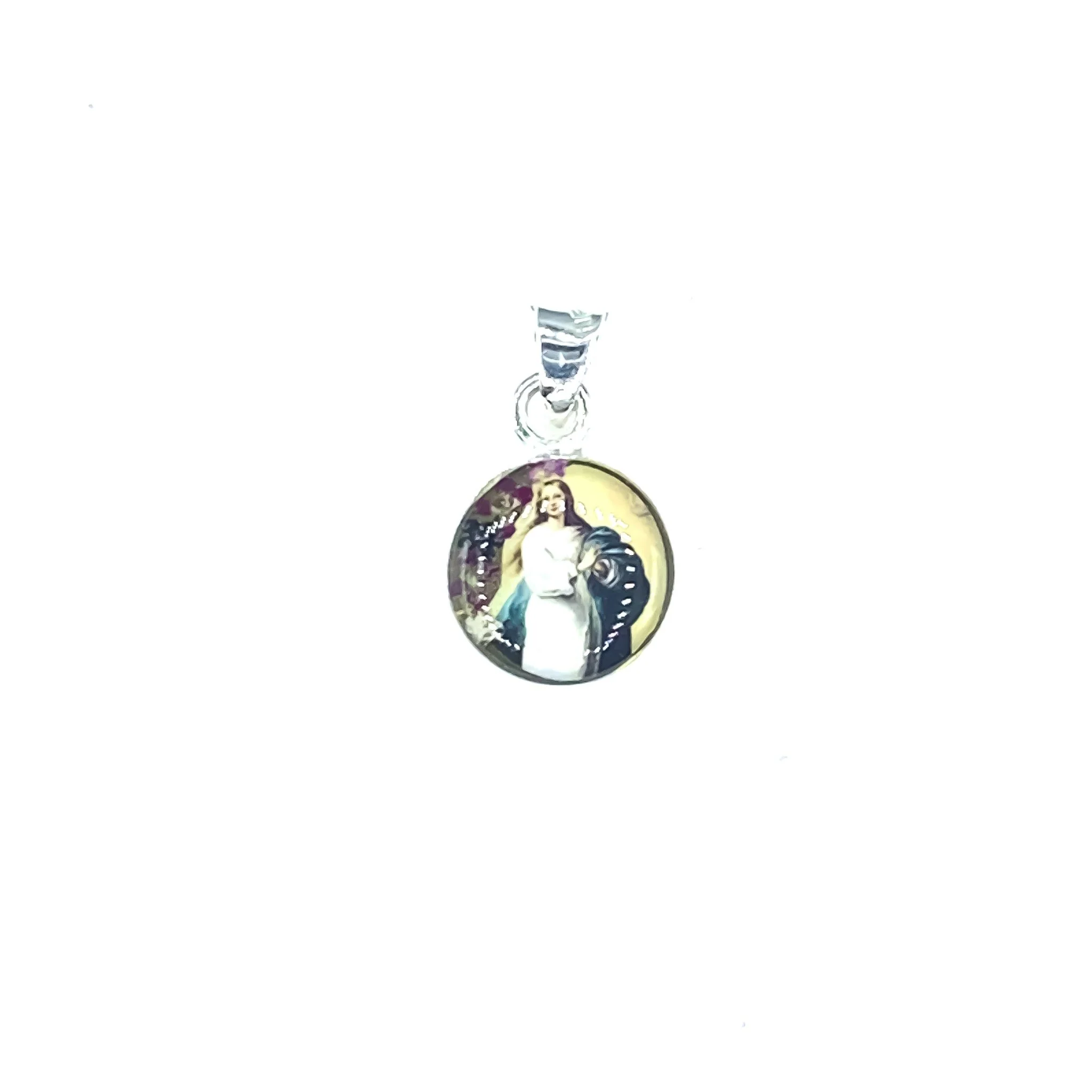 Immaculate Conception Mini Round Pendant w/ Pressed Flowers 18-inch - Image 2