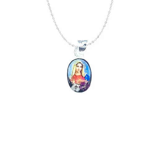Immaculate Heart of Mary Mini Oval Pendant w/ Pressed Flowers 18-inch
