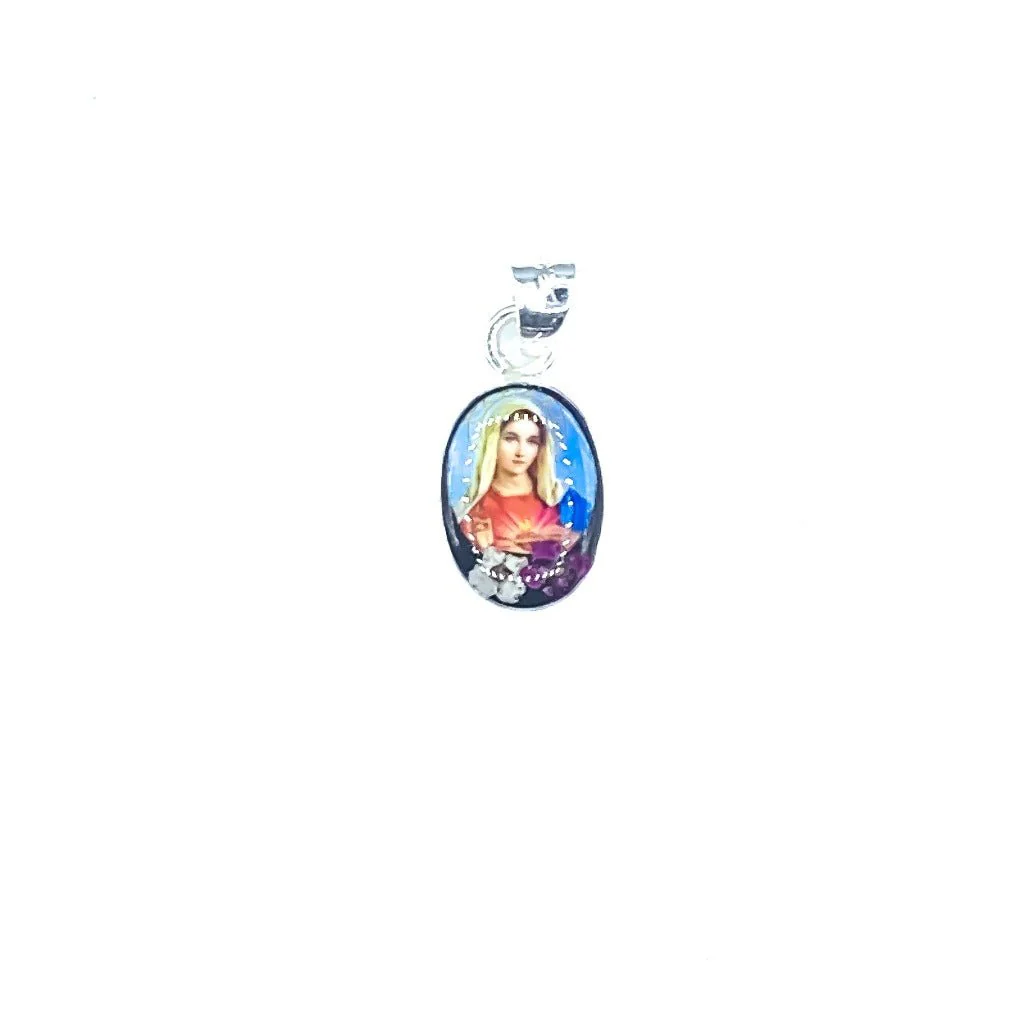 Immaculate Heart of Mary Mini Oval Pendant w/ Pressed Flowers 18-inch - Image 2