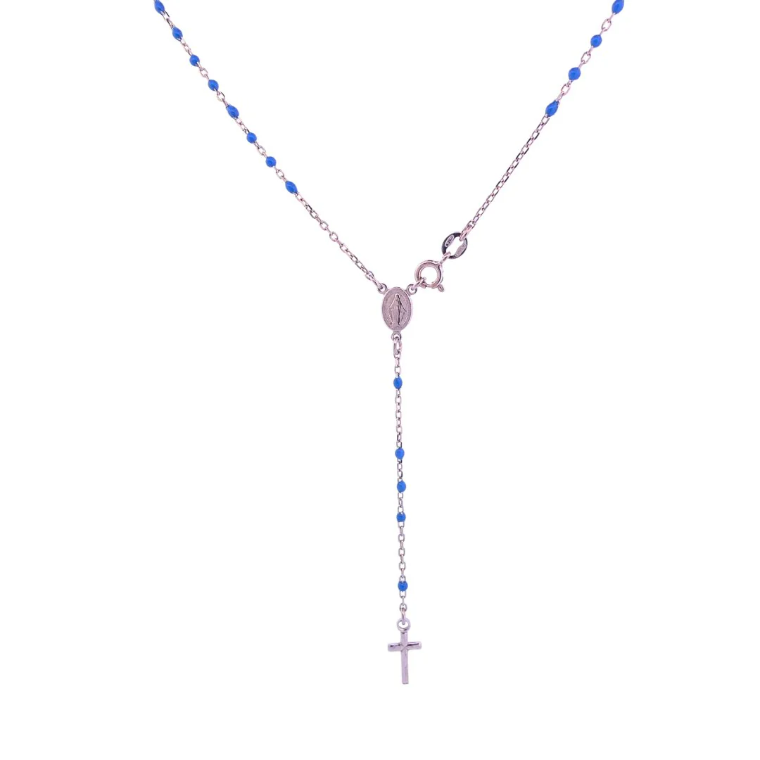 Silver Miraculous Medal Rosary Necklace with Blue Enamel Beads 20"