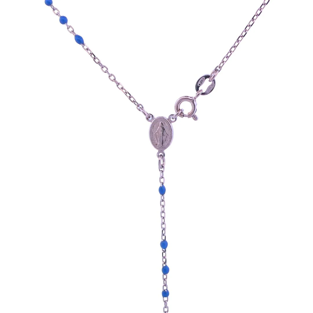 Silver Miraculous Medal Rosary Necklace with Blue Enamel Beads 20" - Image 3