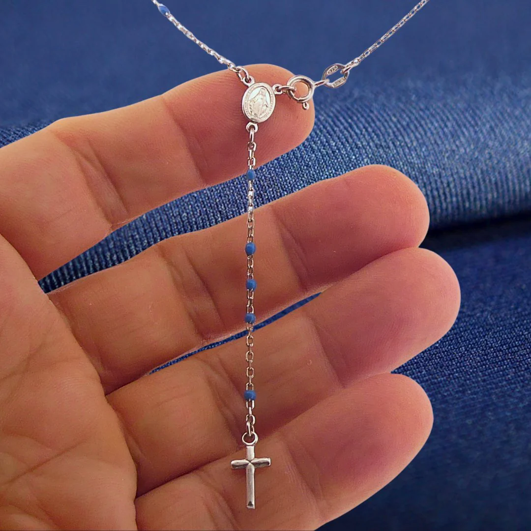 Silver Miraculous Medal Rosary Necklace with Blue Enamel Beads 20" - Image 4