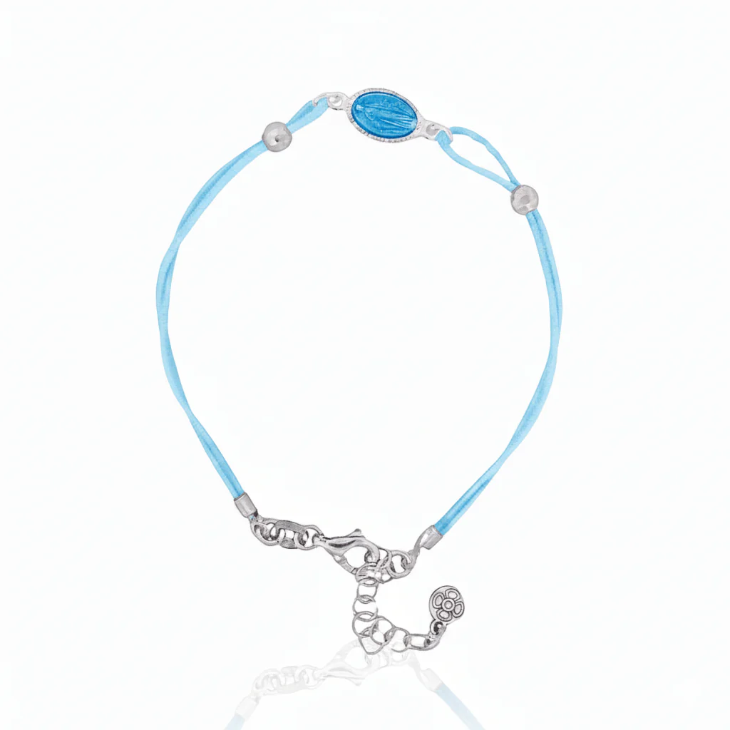 Marian Consecration Bracelet with Miraculous Medal Charm – Adj Light Blue Cord 6.5"+1.5"