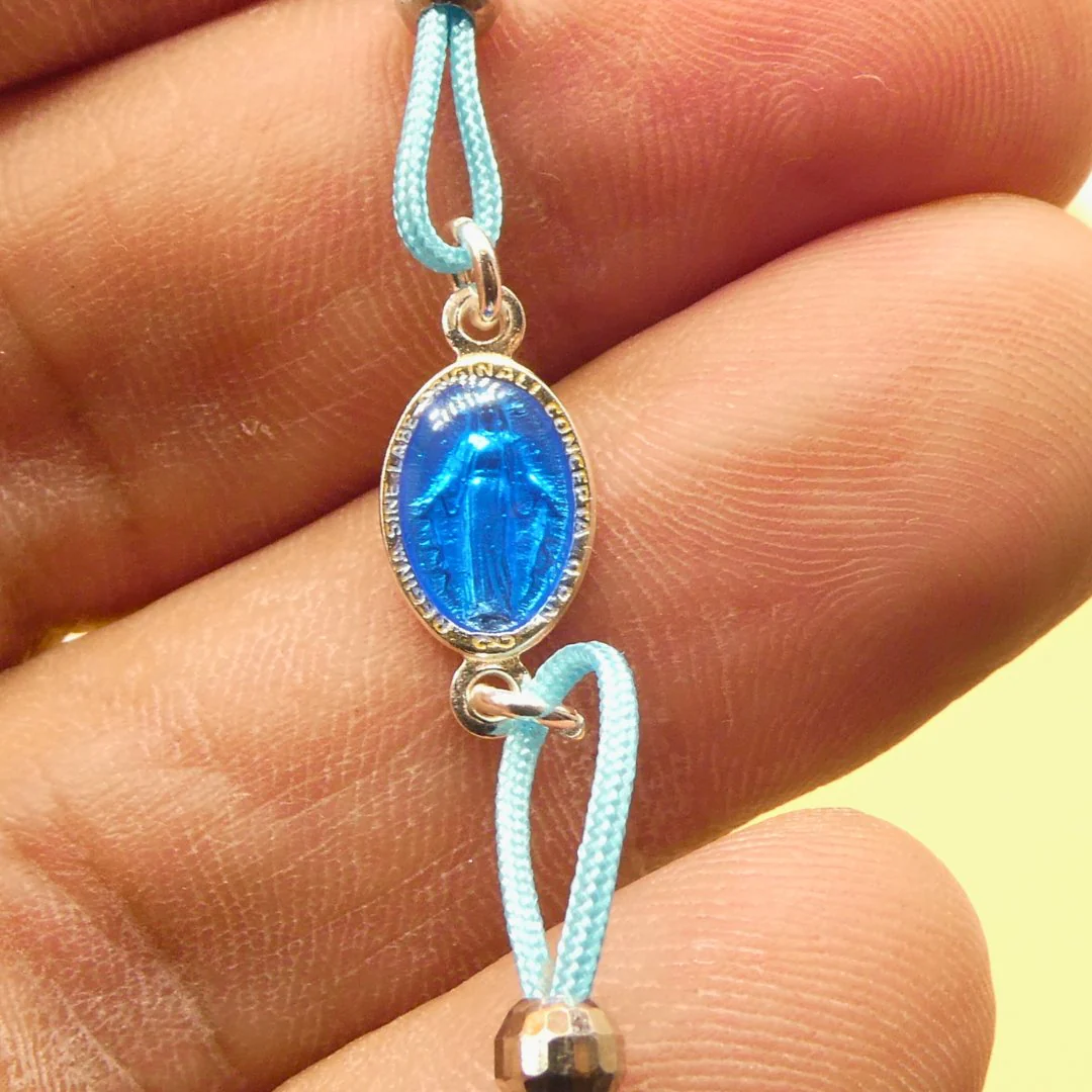 Marian Consecration Bracelet with Miraculous Medal Charm – Adj Light Blue Cord 6.5"+1.5" - Image 5
