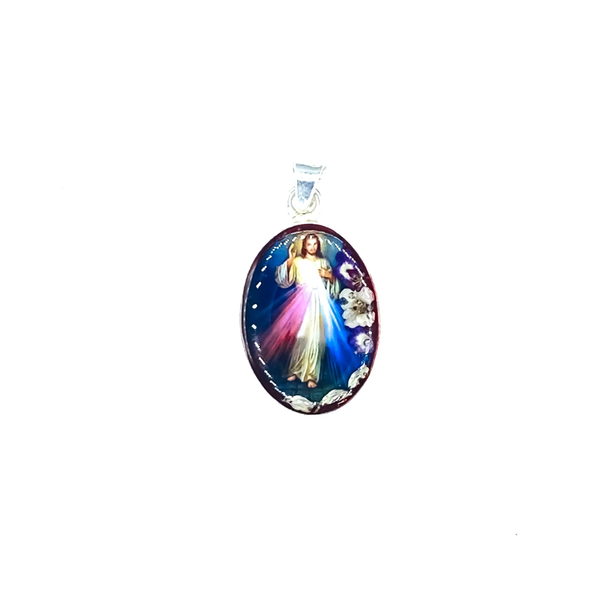 Divine Mercy Small Oval Pendant w/ Pressed Flowers 18-inch - Image 2