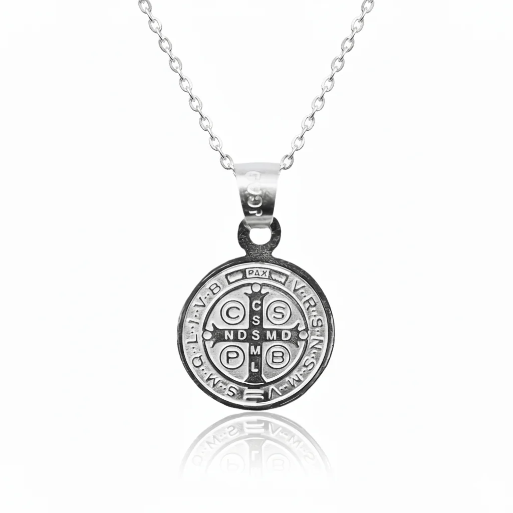 Silver Saint Benedict Medal Mini Round Pendant 18-inch - Image 2