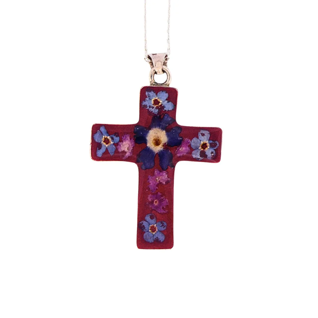 Medium Cross Necklace w/ Pressed Flowers 18-inch