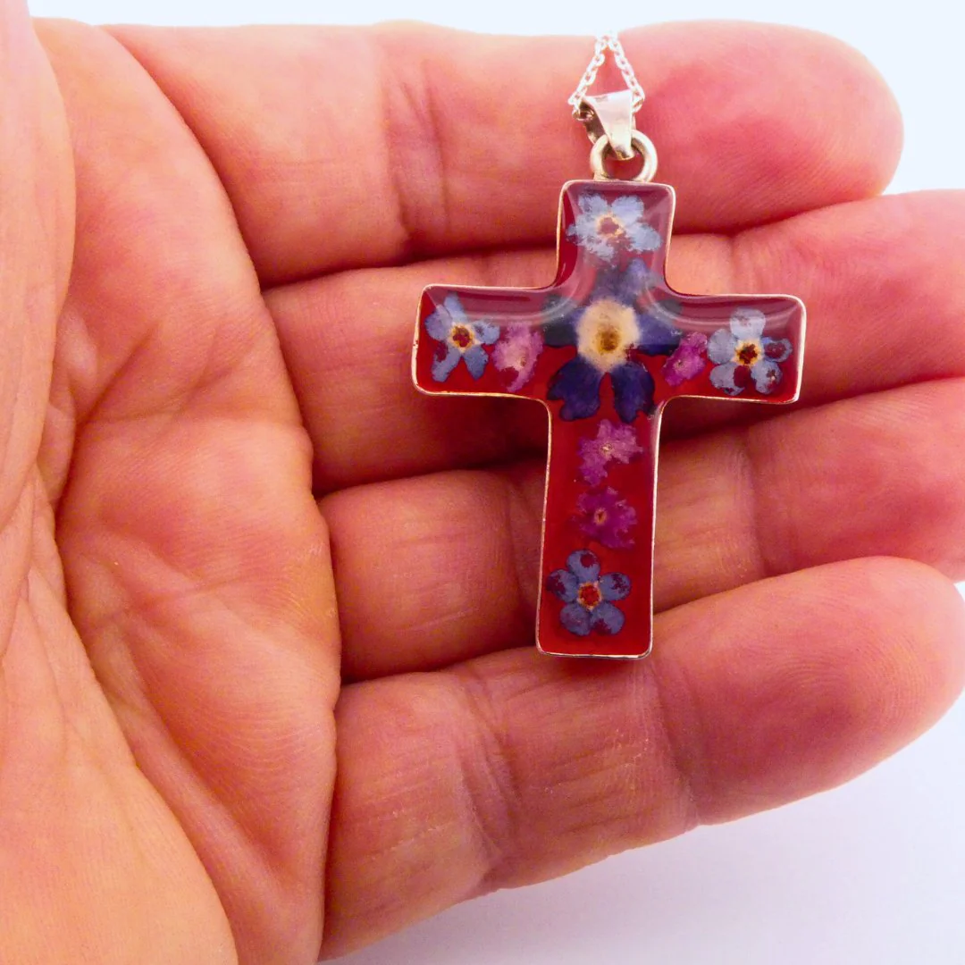 Medium Cross Necklace w/ Pressed Flowers 18-inch - Image 2