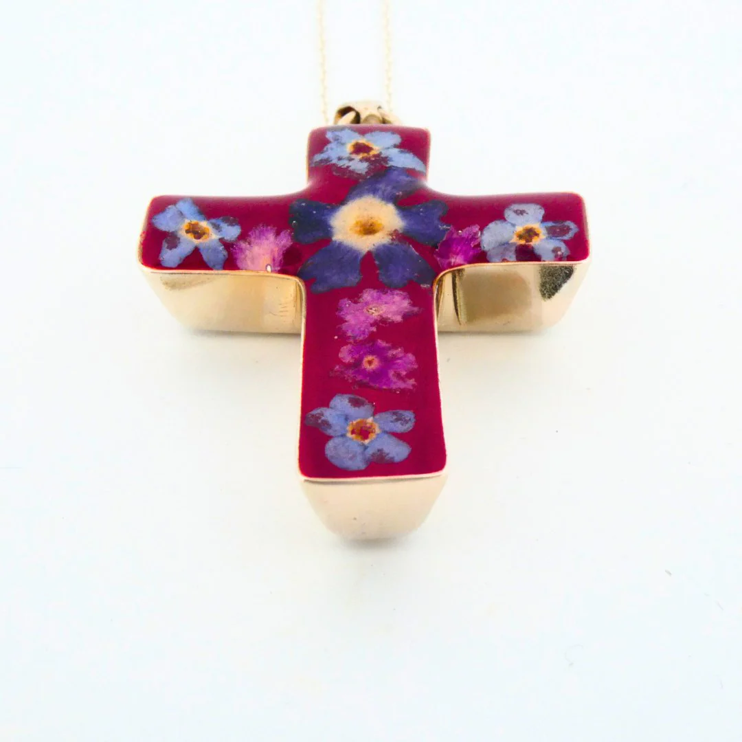 Medium Cross Necklace w/ Pressed Flowers 18-inch - Image 3