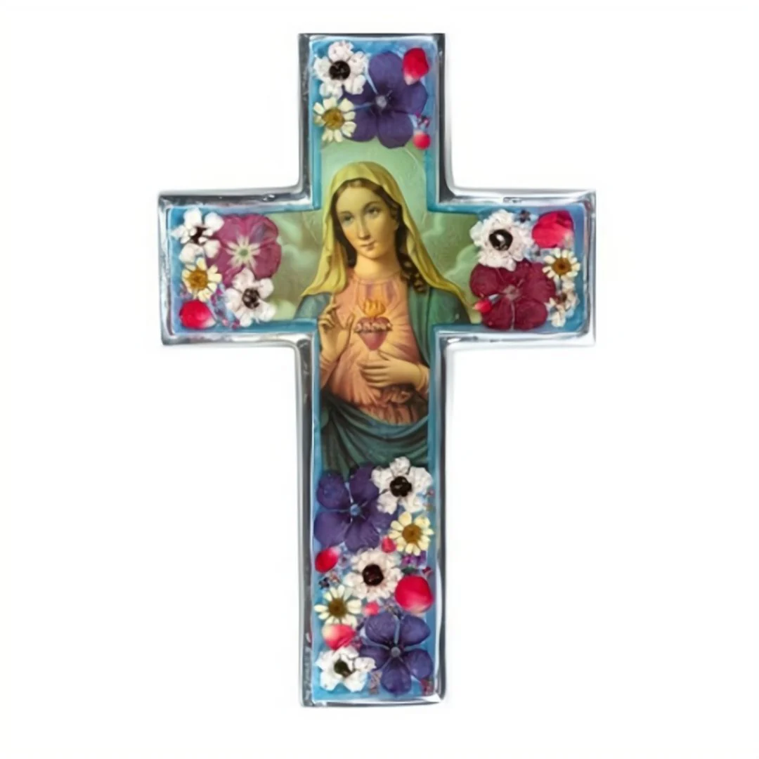 Immaculate Heart Pressed Flowers Wall Cross 6.5"