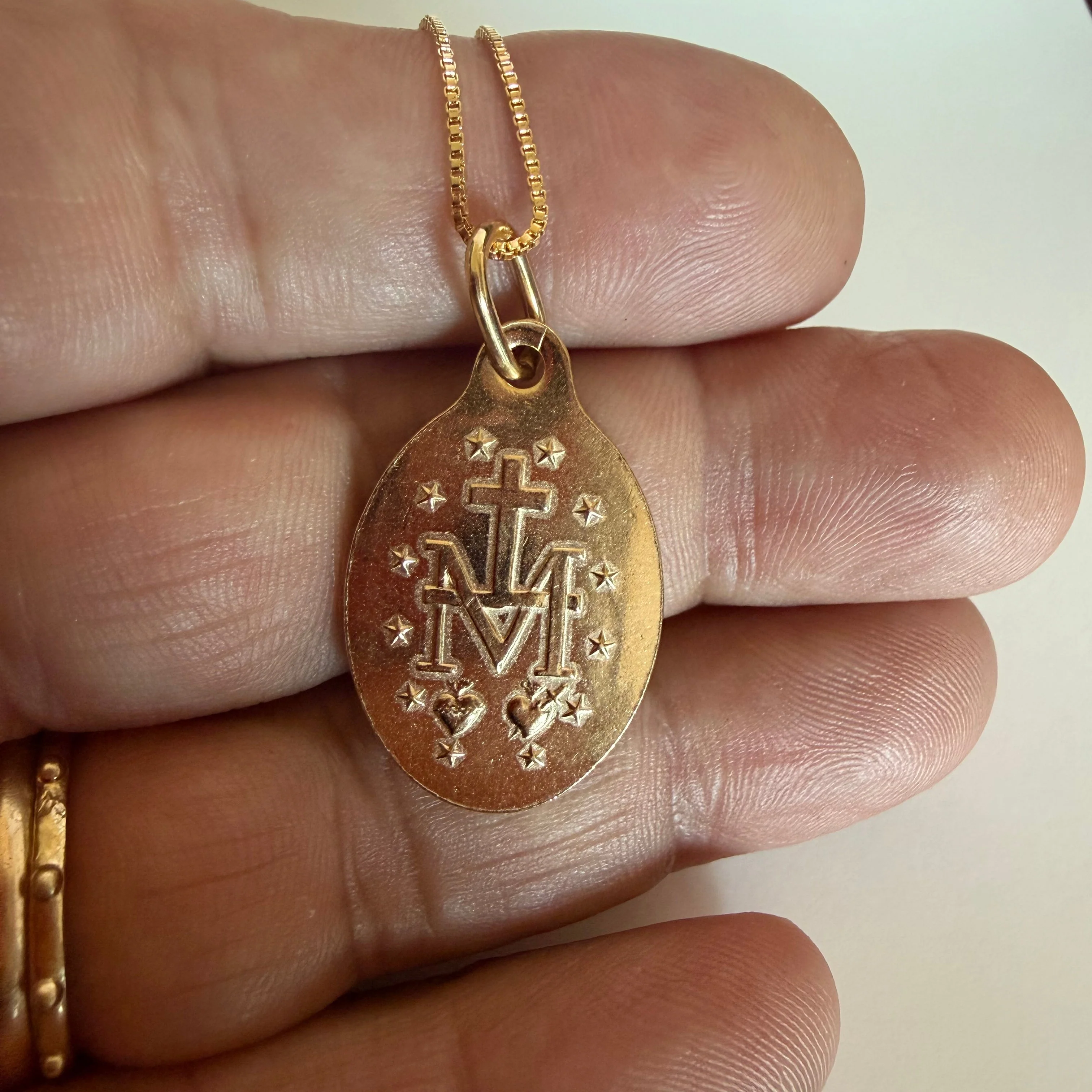 Gold-Plated Miraculous Medal Necklace, Navy Blue Enamel 18" — Rue du Bac, Paris - Image 3