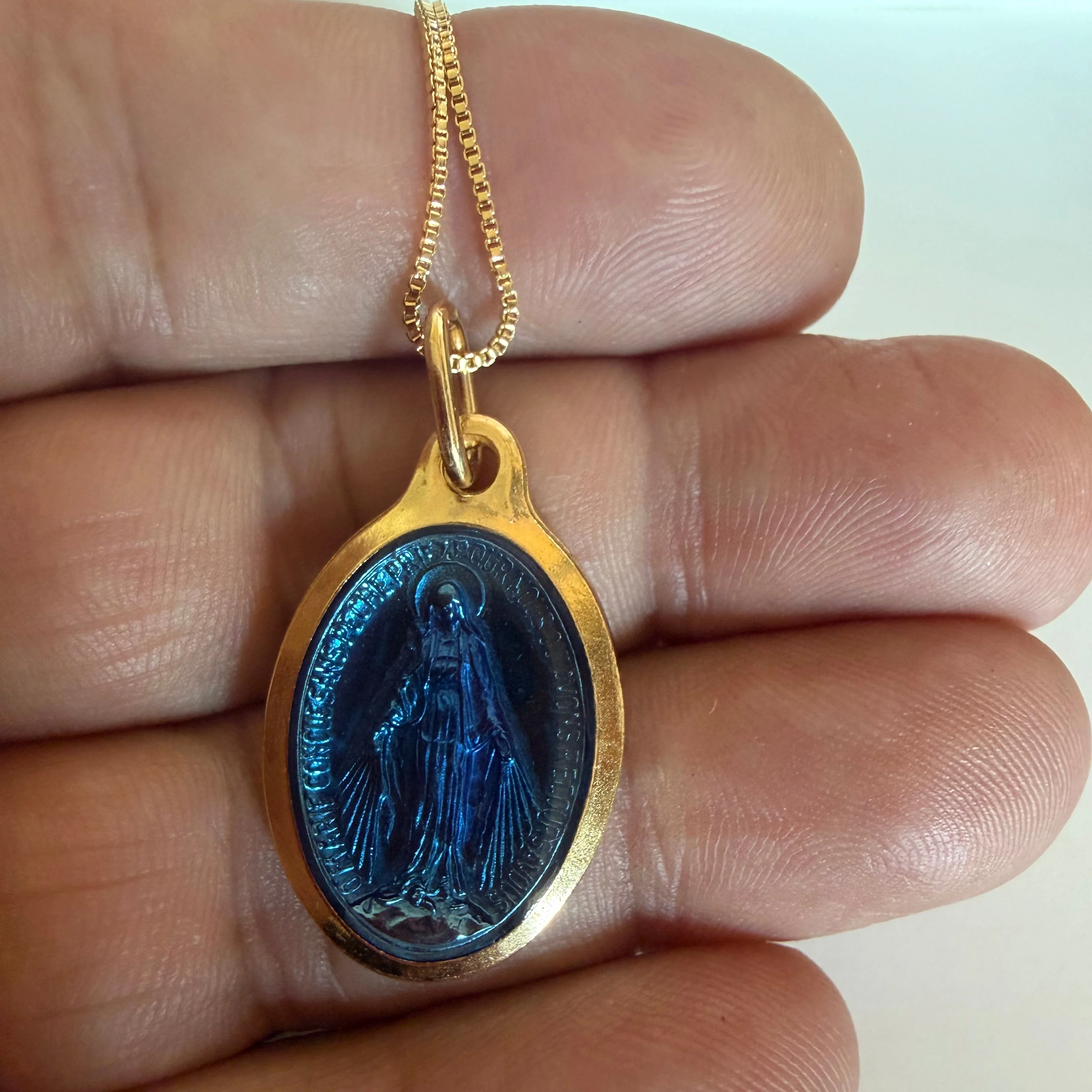 Gold-Plated Miraculous Medal Necklace, Navy Blue Enamel 18" — Rue du Bac, Paris - Image 2
