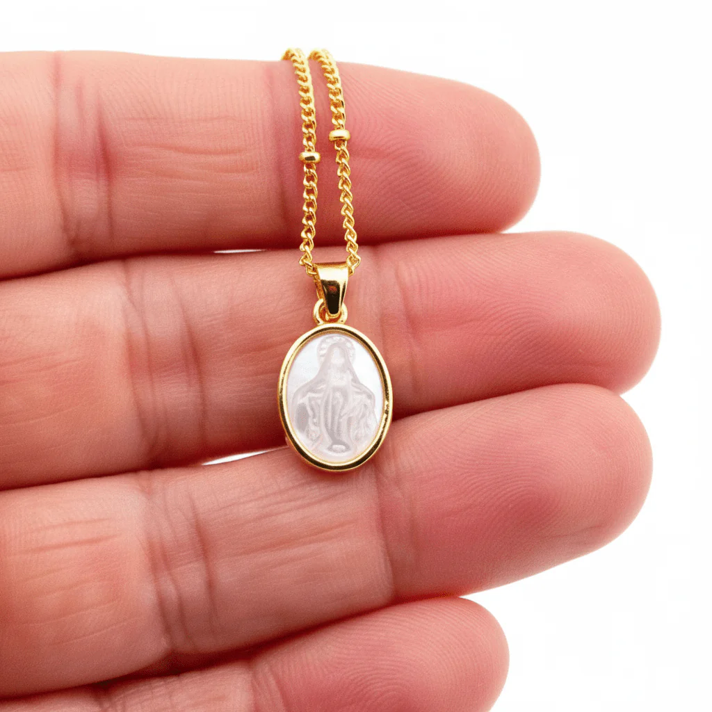 Mother of Pearl Our Lady of Grace Necklace With Beaded Chain 18-inch - Image 3