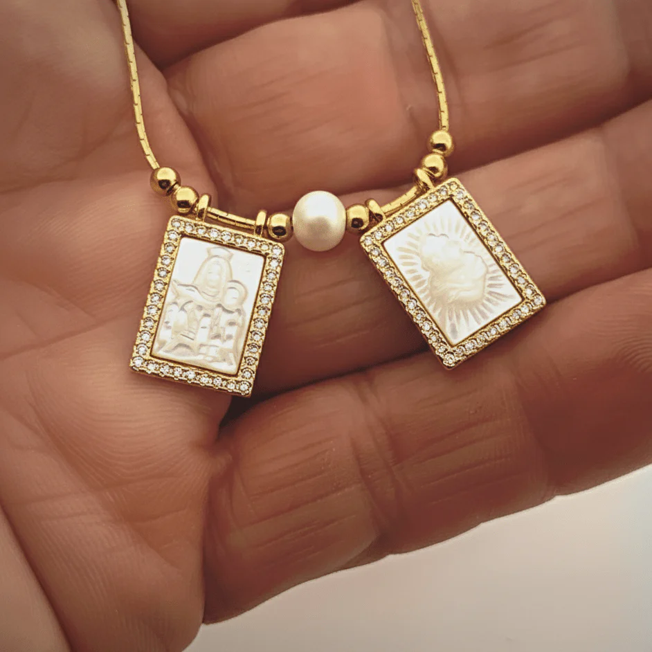 Mother of Pearl & Pearl Scapular Necklace with Zirconia – Gold-Plated 18” Adjustable - Image 3