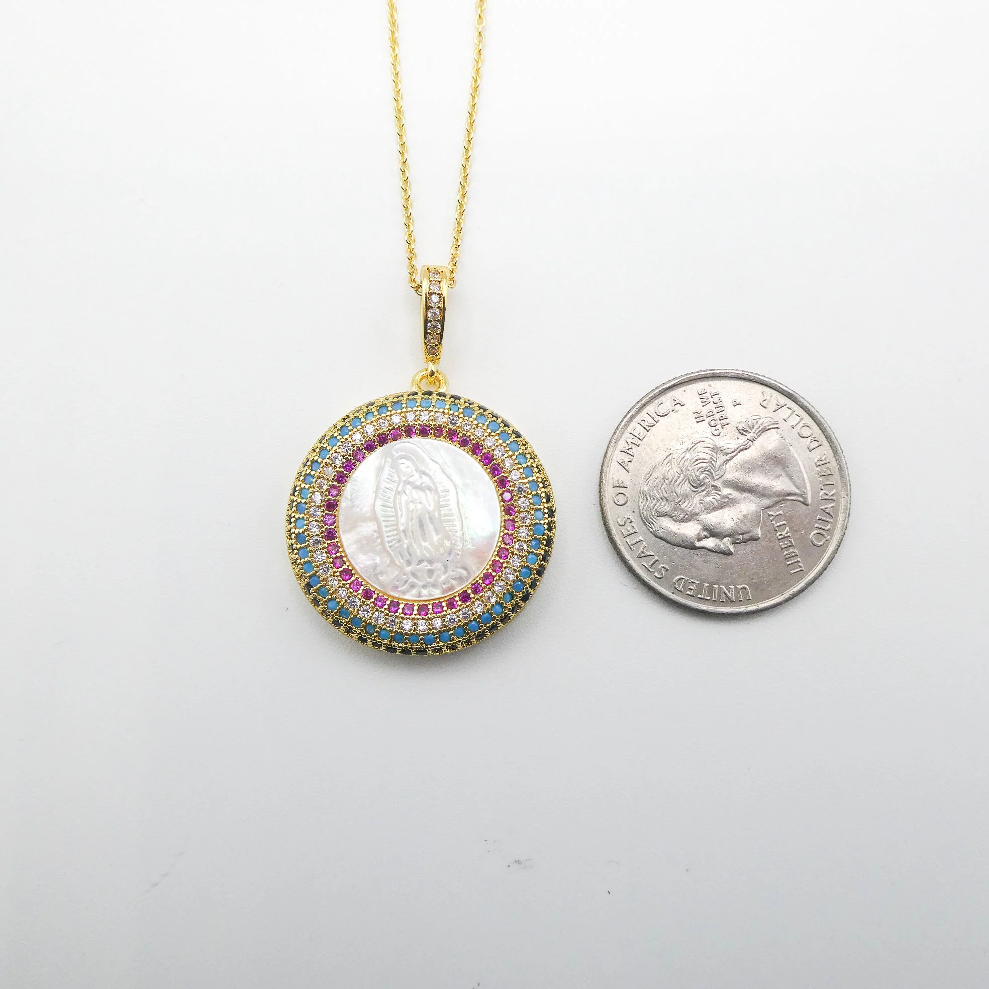 Mother of Pearl Radiant Gold-Plated Guadalupe Round Pendant Necklace 18-inch - Image 3