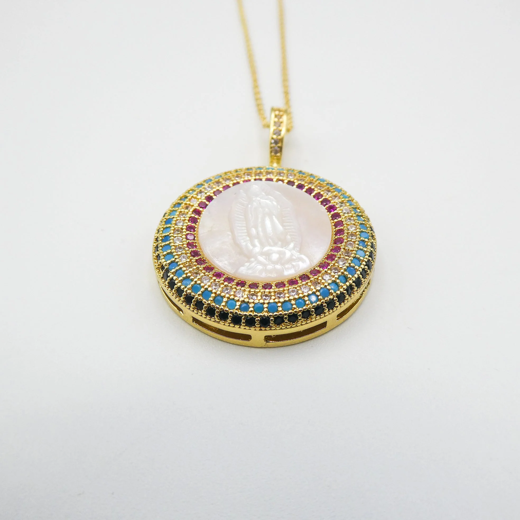 Mother of Pearl Radiant Gold-Plated Guadalupe Round Pendant Necklace 18-inch - Image 4