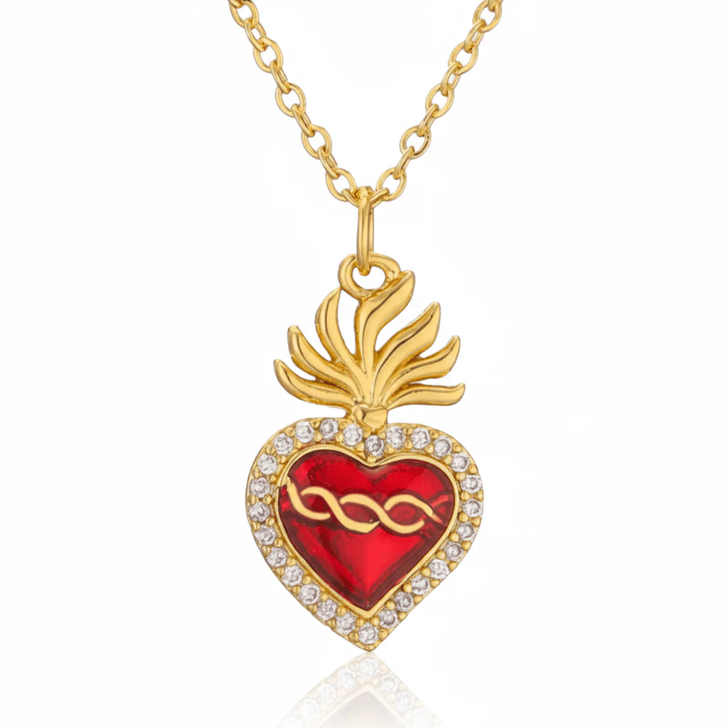 Gold-Plated Sacred Heart Red Heart Necklace with White Zirconia 18"
