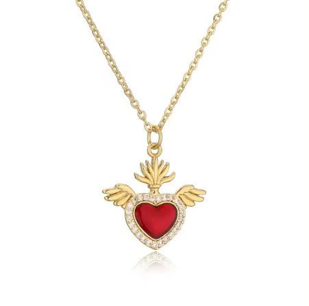Gold-Plated Sacred Heart Red Heart Necklace with White Zirconia 18" - Image 10