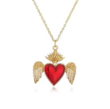 Gold-Plated Sacred Heart Red Heart Necklace with White Zirconia 18" - Image 11