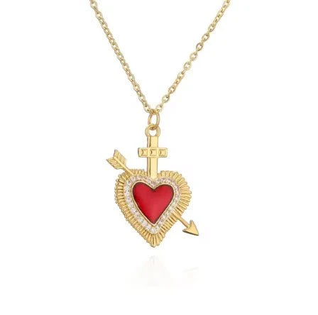 Gold-Plated Sacred Heart Red Heart Necklace with White Zirconia 18" - Image 13