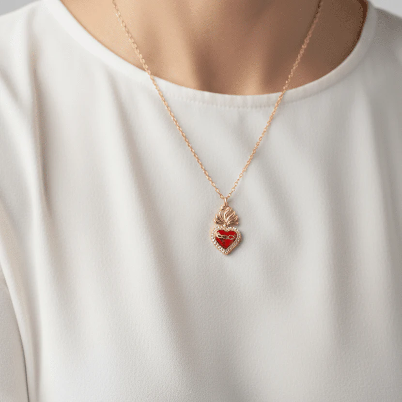 Gold-Plated Sacred Heart Red Heart Necklace with White Zirconia 18" - Image 2