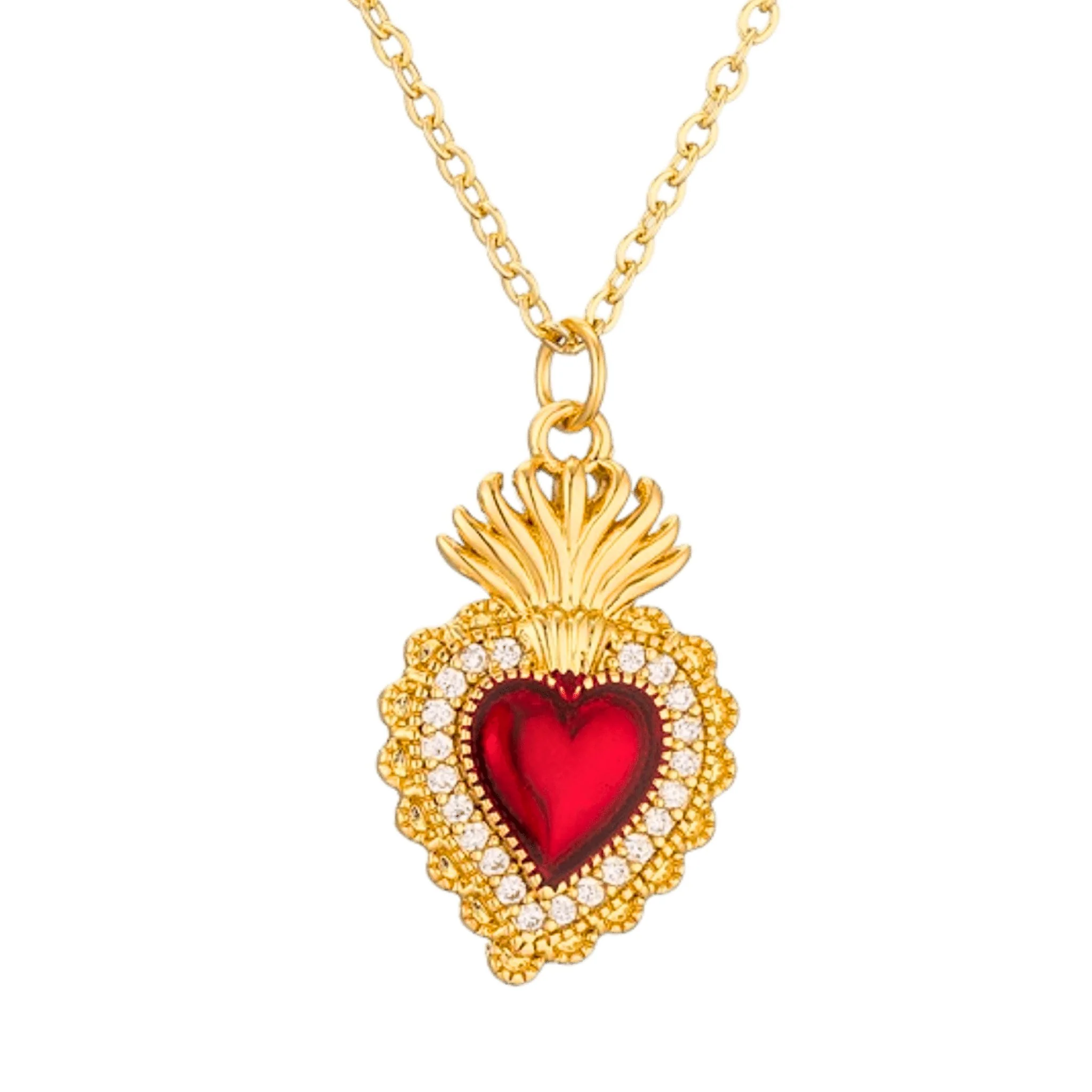 Gold-Plated Sacred Heart Red Heart Necklace with White Zirconia 18" - Image 3
