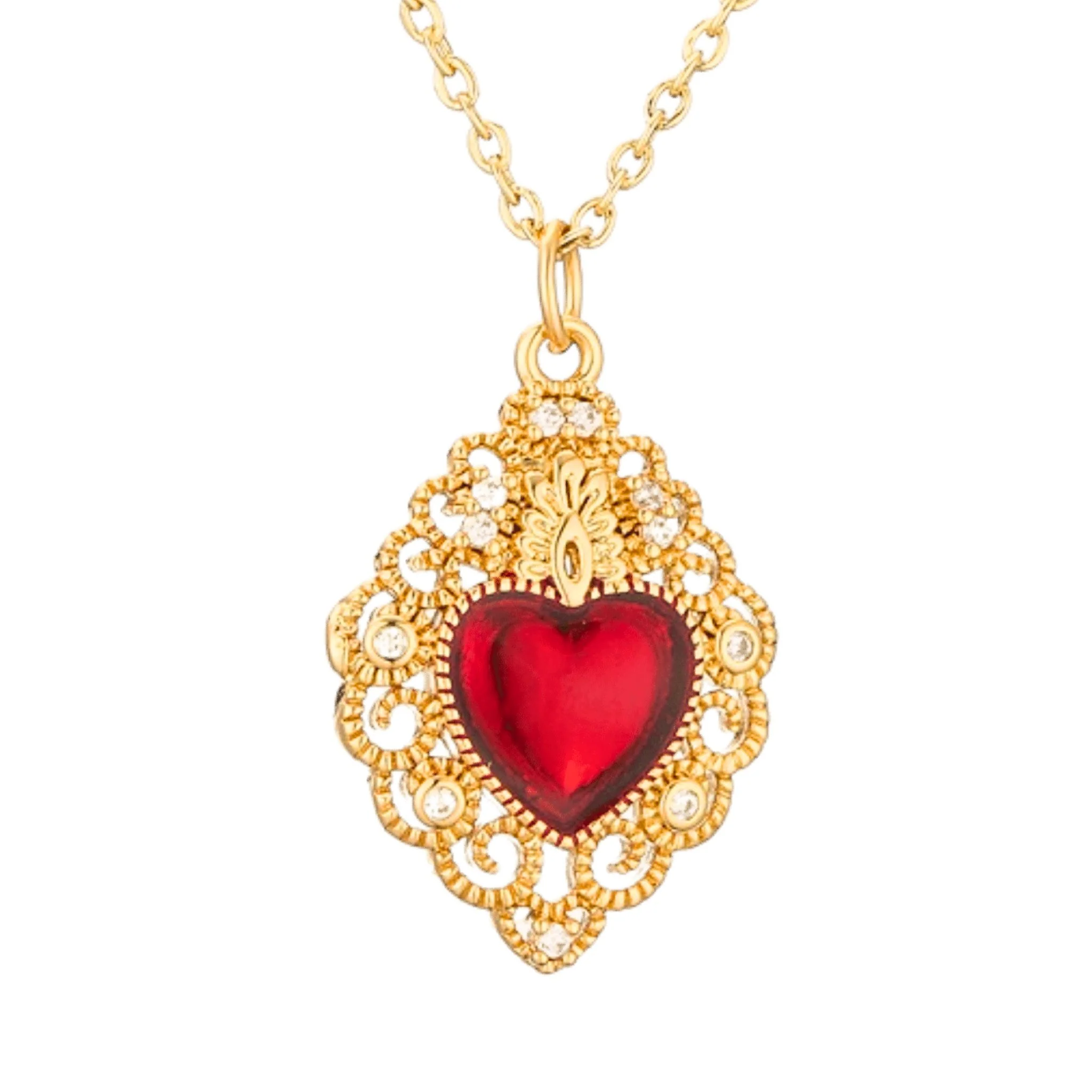 Gold-Plated Sacred Heart Red Heart Necklace with White Zirconia 18" - Image 4