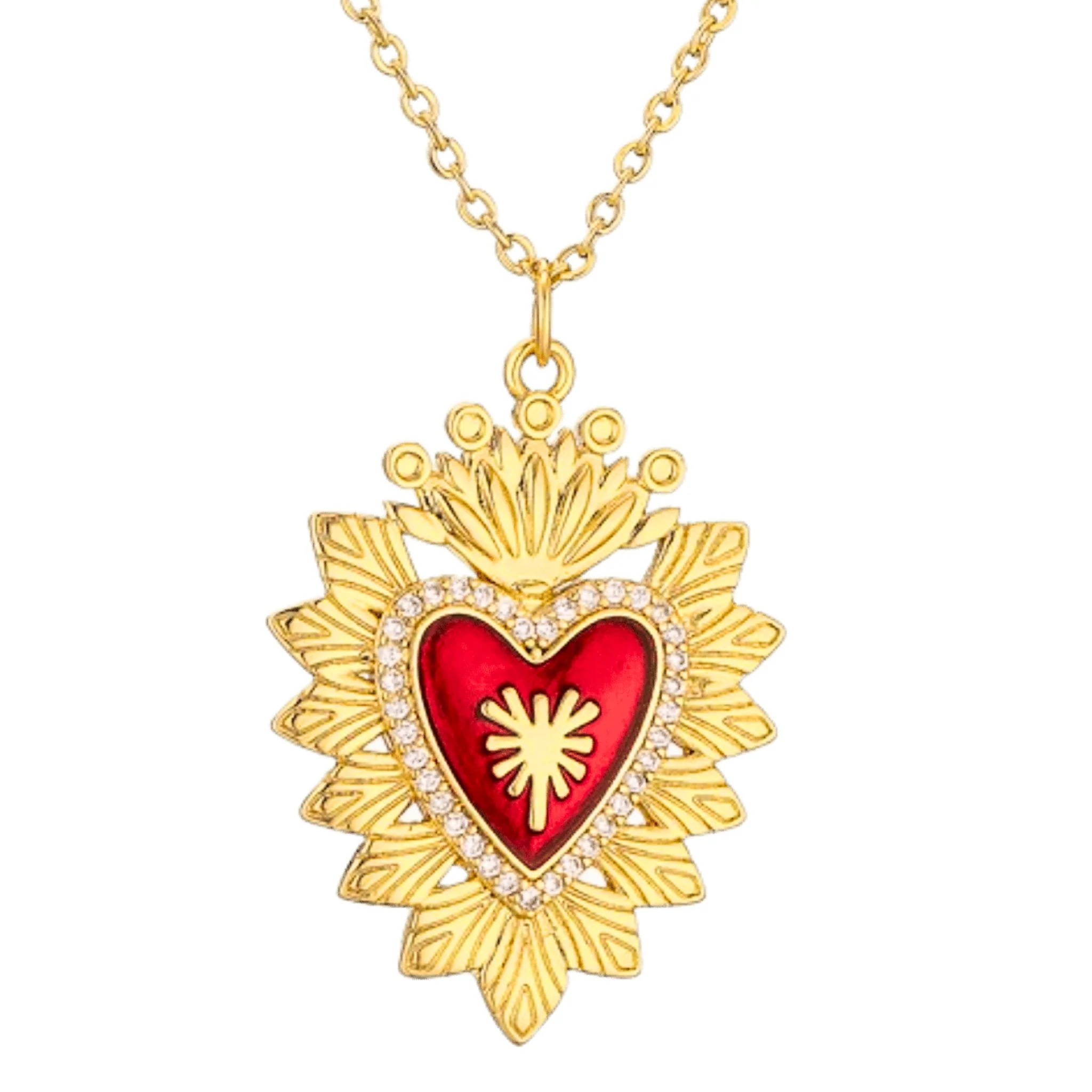 Gold-Plated Sacred Heart Red Heart Necklace with White Zirconia 18" - Image 5