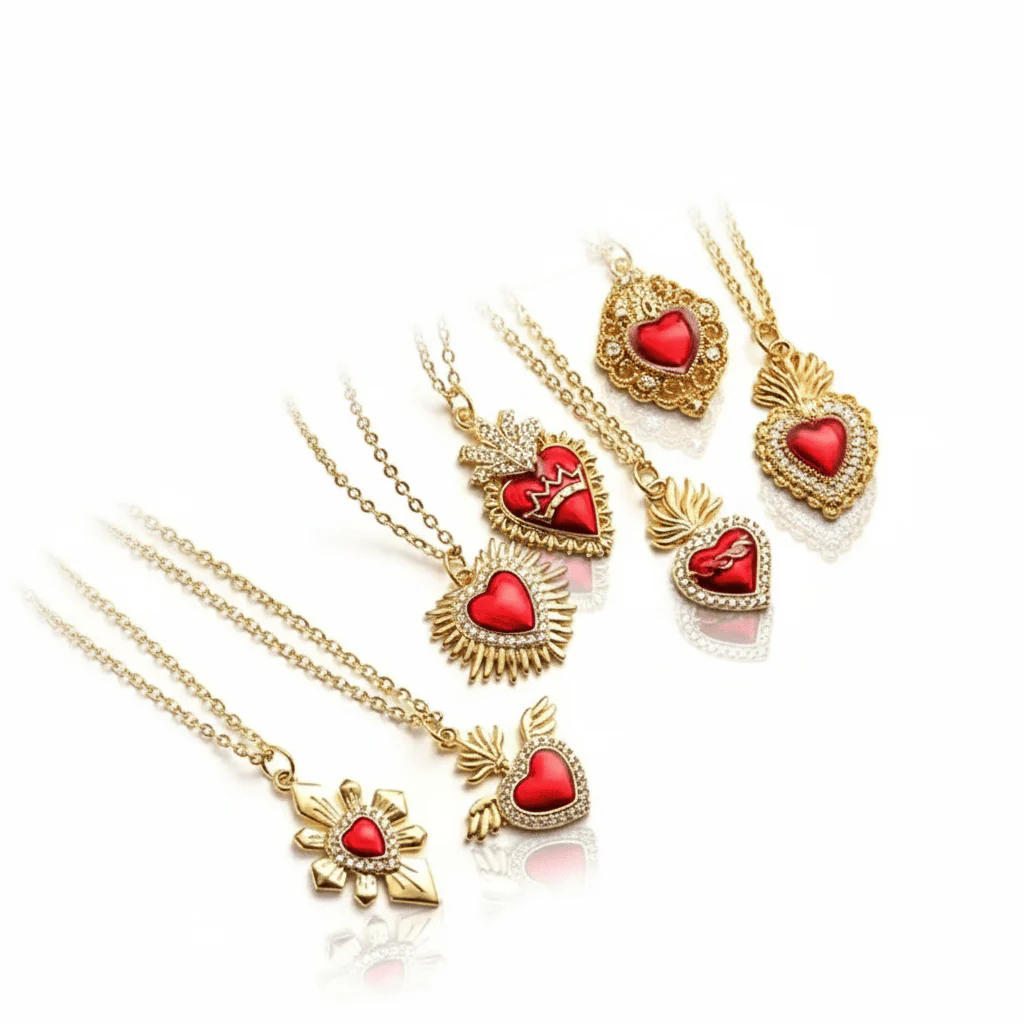 Gold-Plated Sacred Heart Red Heart Necklace with White Zirconia 18" - Image 6