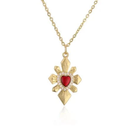 Gold-Plated Sacred Heart Red Heart Necklace with White Zirconia 18" - Image 7