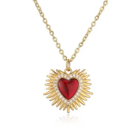 Gold-Plated Sacred Heart Red Heart Necklace with White Zirconia 18" - Image 8