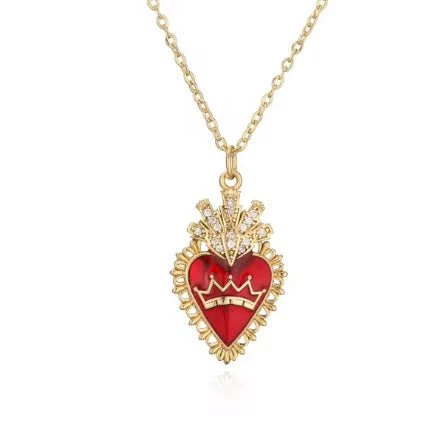 Gold-Plated Sacred Heart Red Heart Necklace with White Zirconia 18" - Image 9