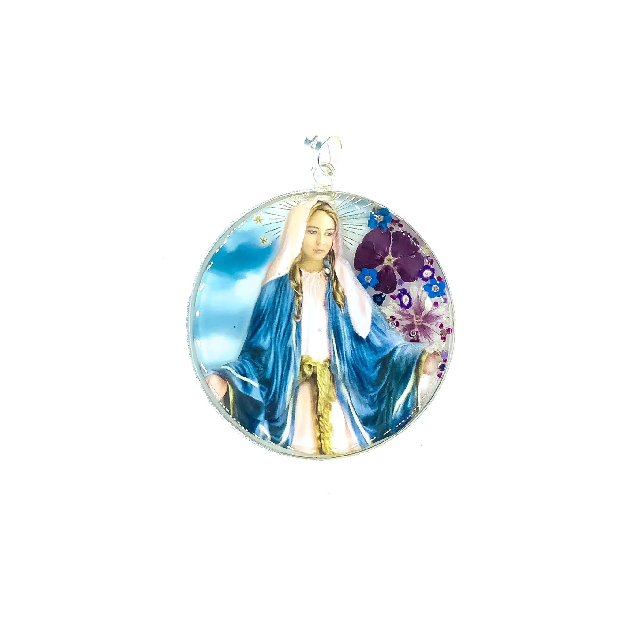 Our Lady Grace Round Medallion w/ Pressed Flowers 2 1/2" x 2 1/2" - Image 3