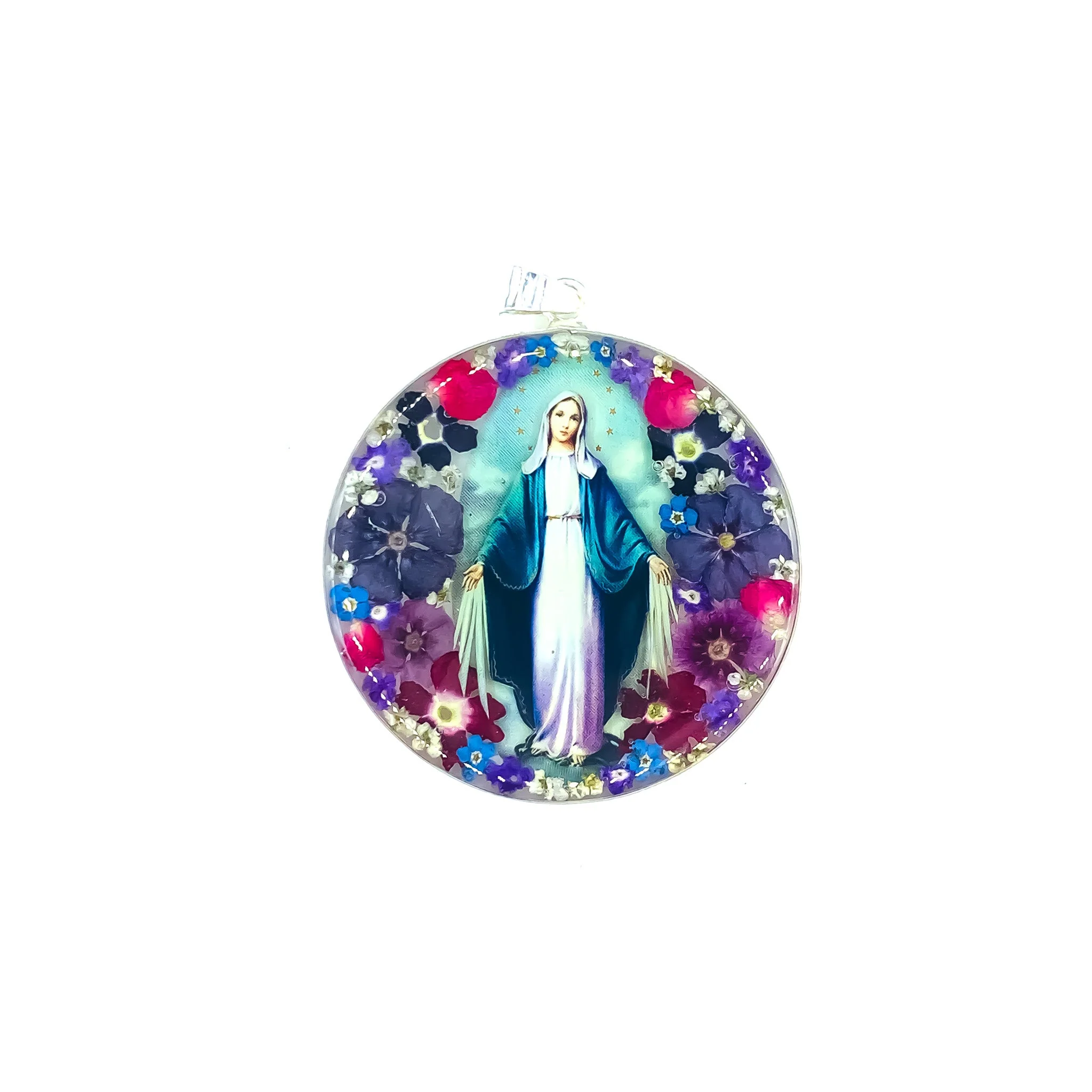 Our Lady Grace Round Medallion w/ Pressed Flowers 2 1/2" x 2 1/2" - Image 4