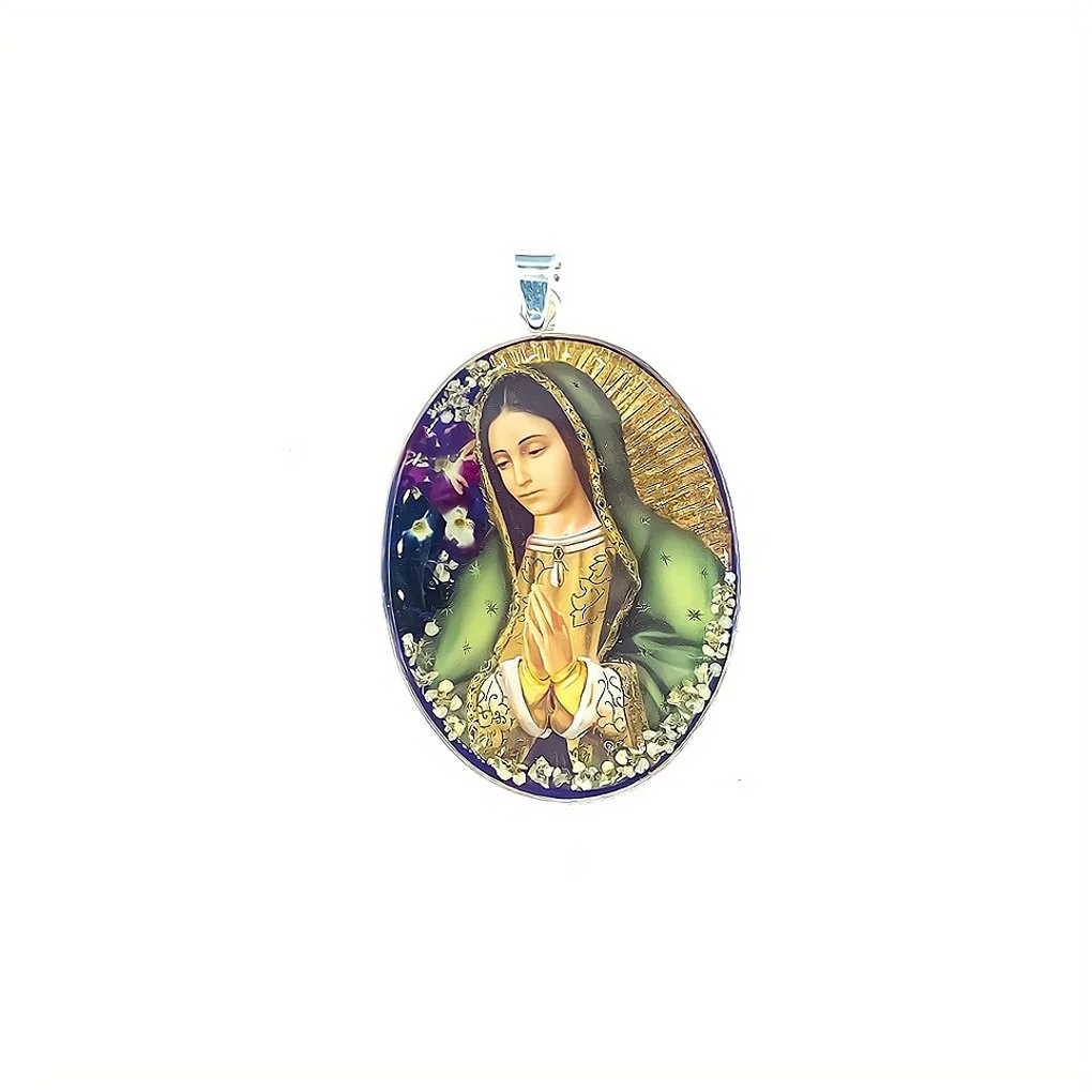 Our Lady Guadalupe Oval Medallion w/ Pressed Flowers 1 19/10" x 2 1/2"