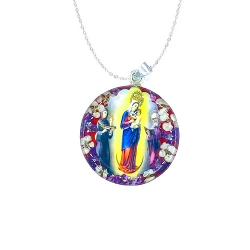 Our Lady of Chiquinquira Medium Round Pendant w/ Pressed Flowers 18-inch