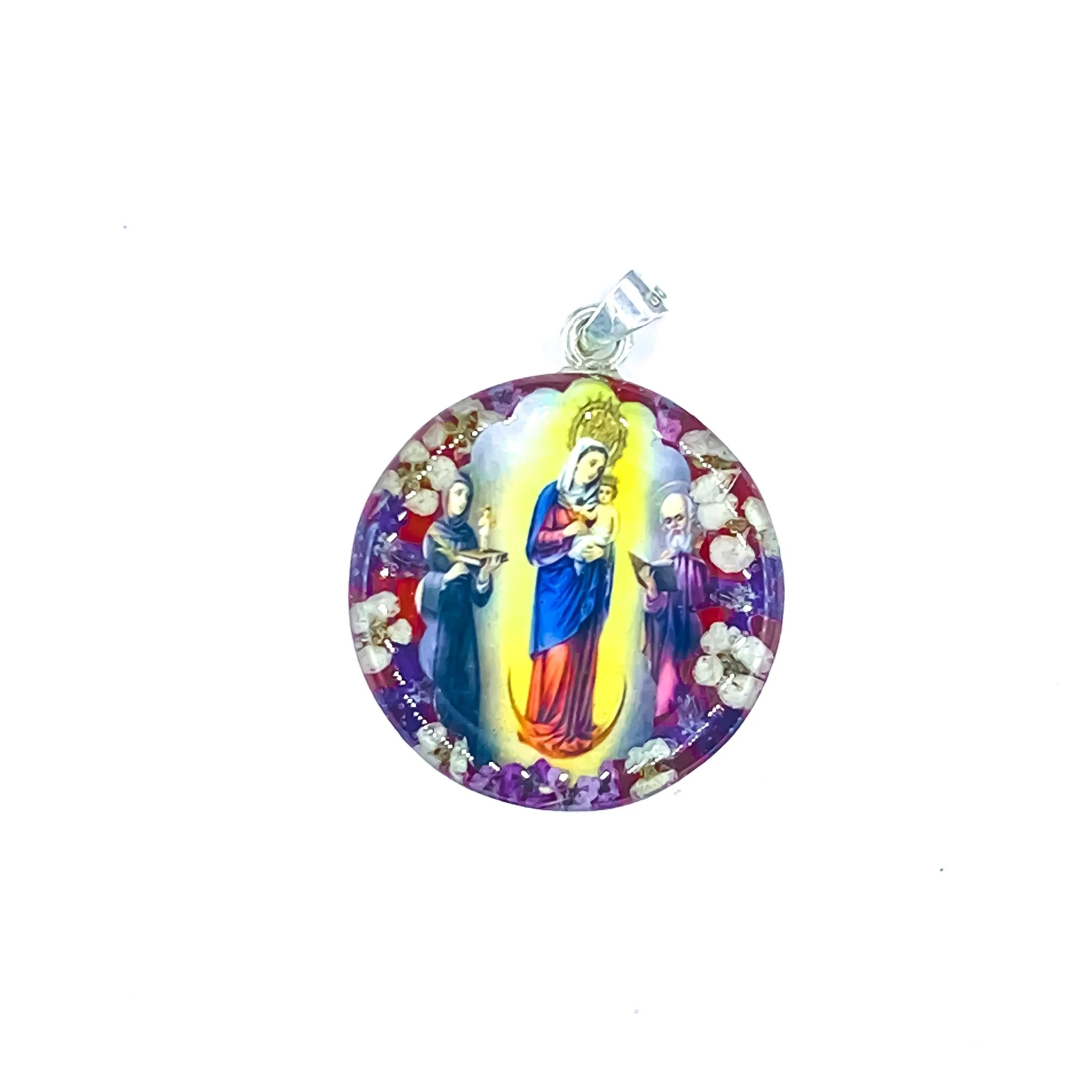 Our Lady of Chiquinquira Medium Round Pendant w/ Pressed Flowers 18-inch - Image 2