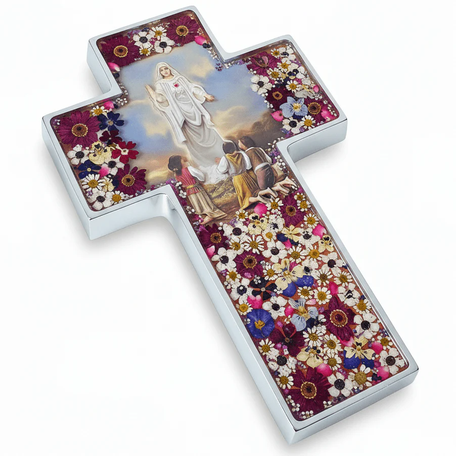 Our Lady of Fatima Grand Wall Cross w/ Pressed Flowers 11"