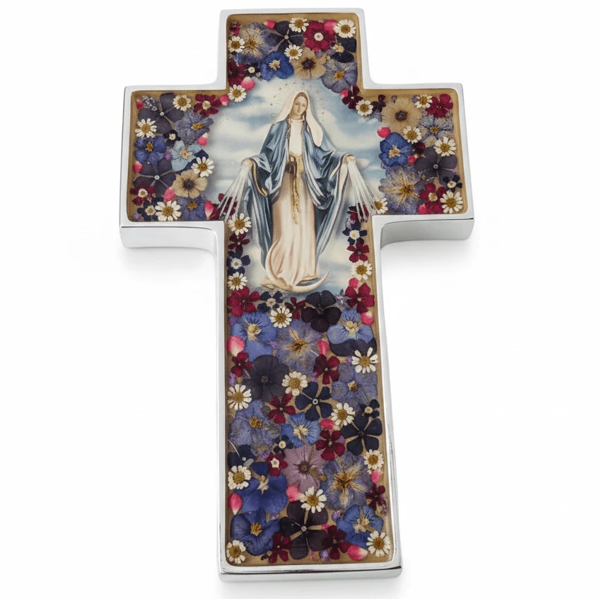 Our Lady of Grace Grand Wall Cross w/ Pressed Flowers 11"