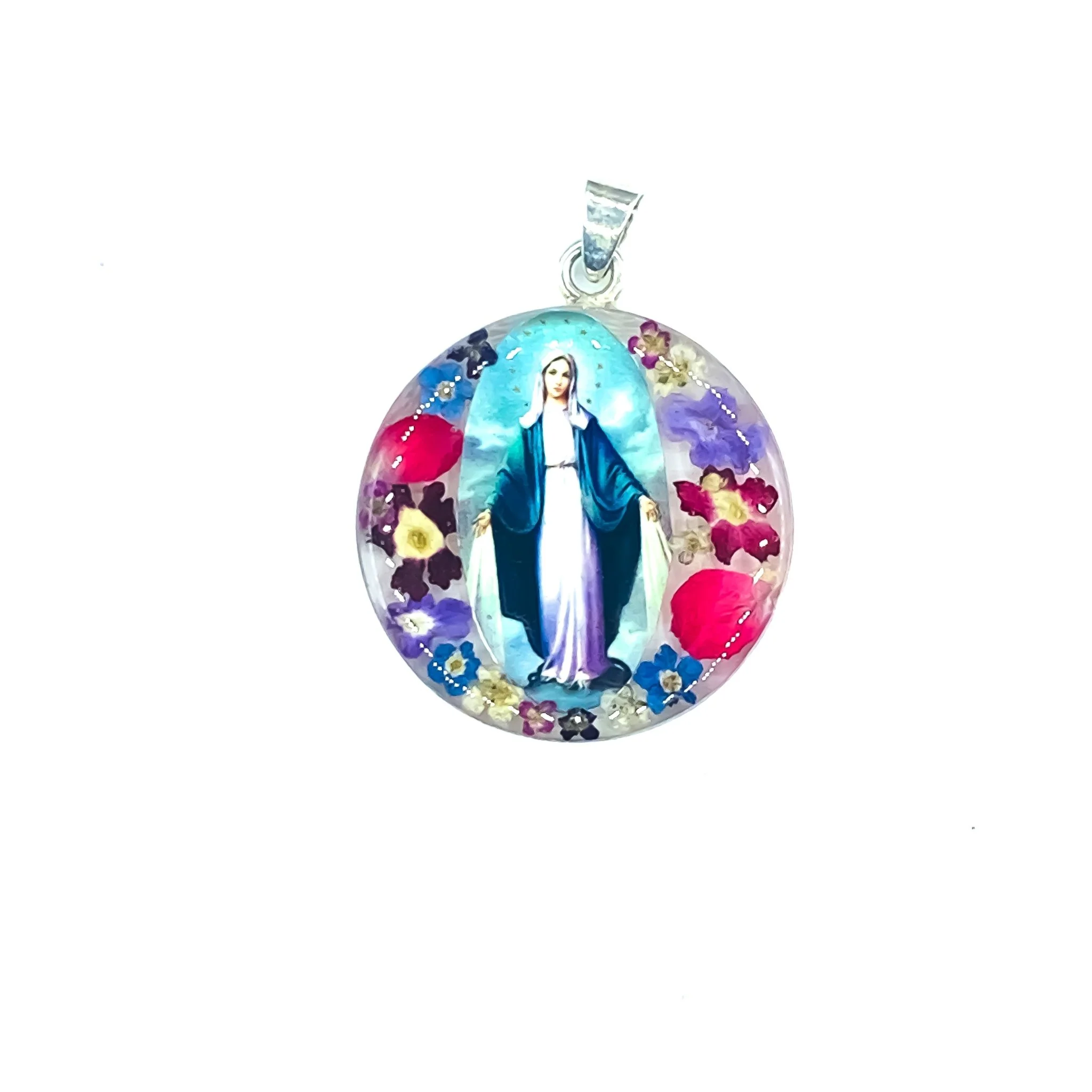 Our Lady of Grace Large Round Pendant w/ Pressed Flowers 18-inch - Image 2