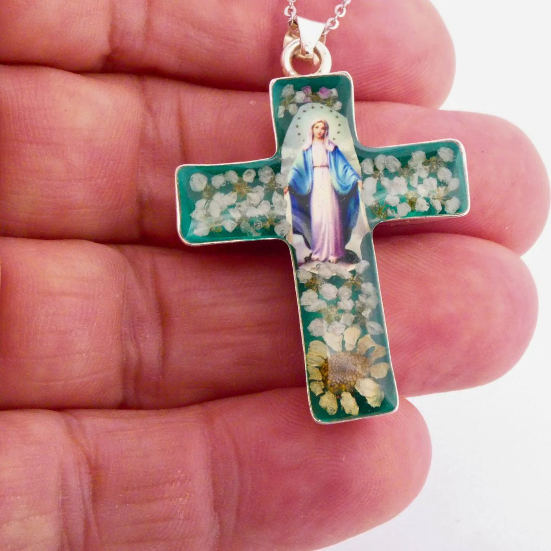 Our Lady of Grace Medium Cross Necklace w/ Pressed Flowers 18-inch - Image 3