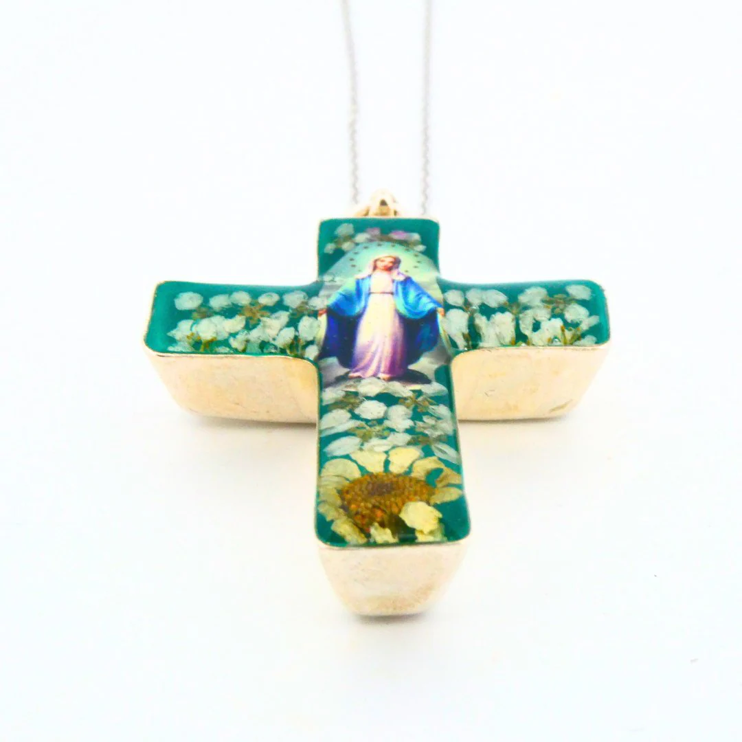 Our Lady of Grace Medium Cross Necklace w/ Pressed Flowers 18-inch - Image 4
