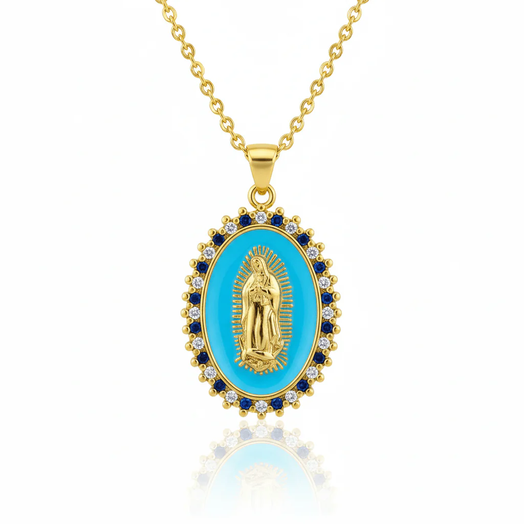 Gold-Plated Blue Enamel Guadalupe Medallion Necklace – 18" Chain & Crystal Border
