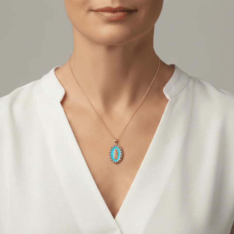 Gold-Plated Blue Enamel Guadalupe Medallion Necklace – 18" Chain & Crystal Border - Image 2