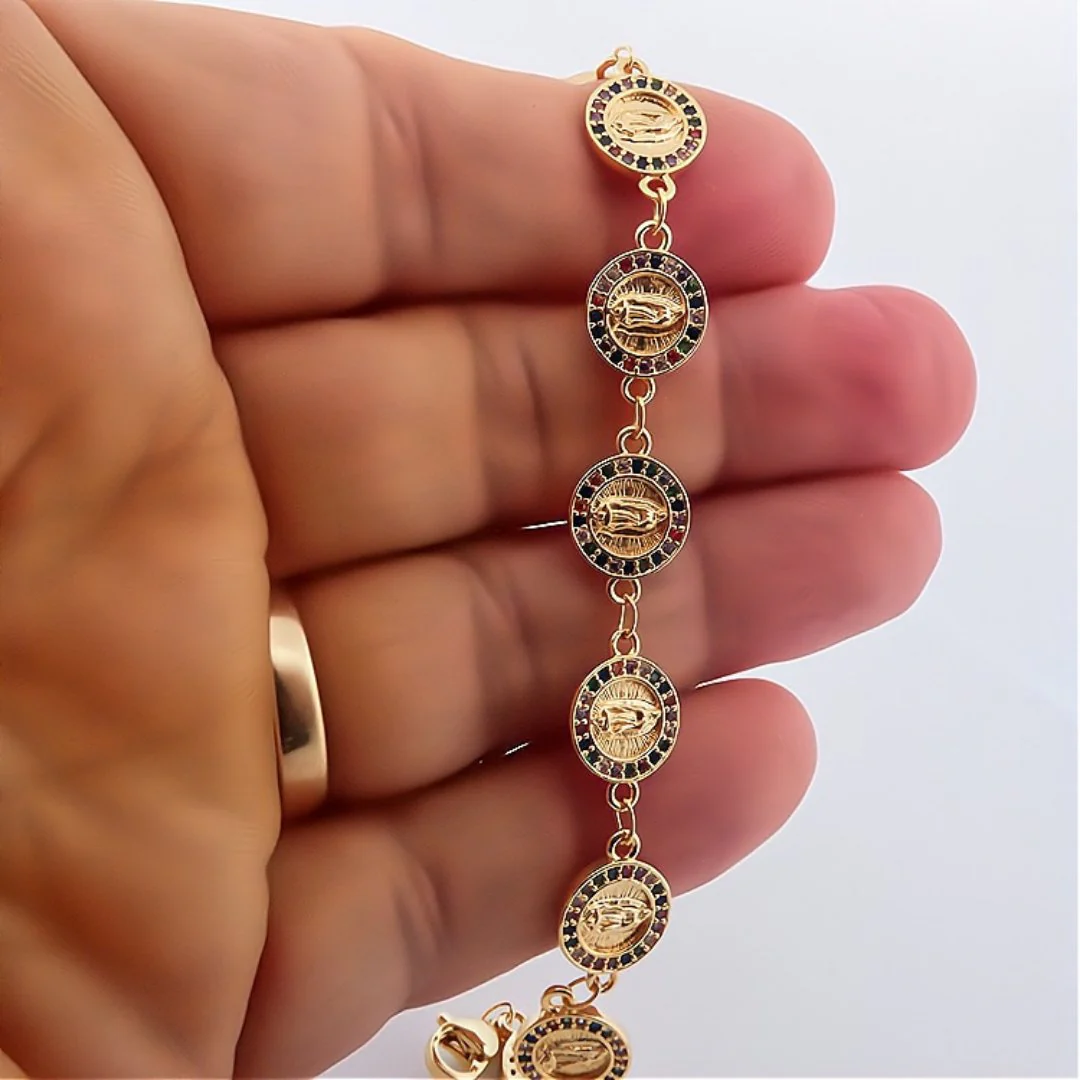 Gold-Plated Guadalupe Coin Bracelet w/ Multicolor Crystals 7.5-inch - Image 3