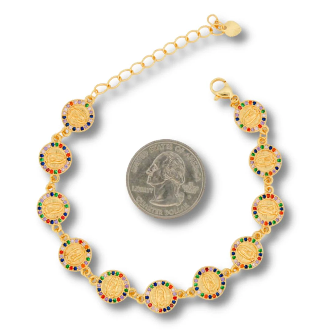 Gold-Plated Guadalupe Coin Bracelet w/ Multicolor Crystals 7.5-inch - Image 4