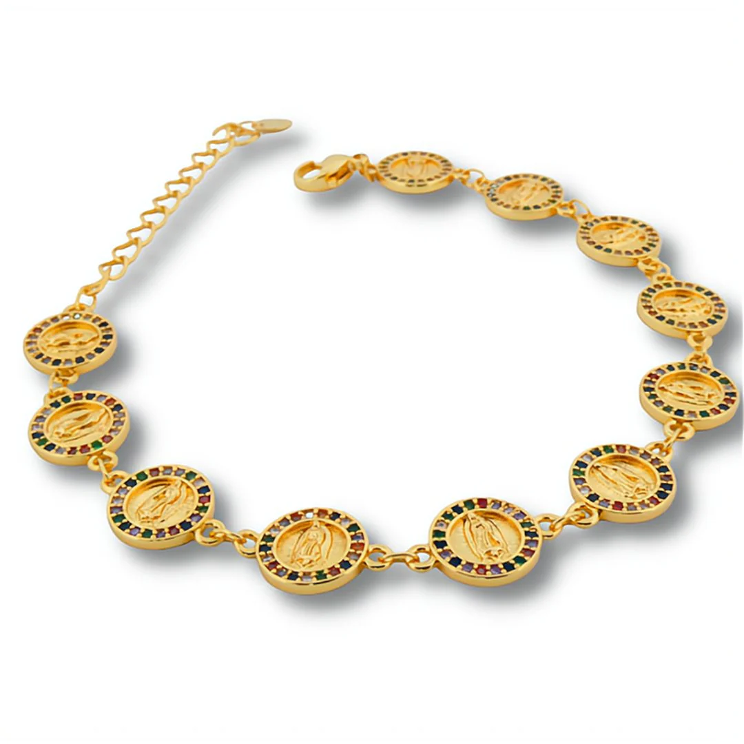 Gold-Plated Guadalupe Coin Bracelet w/ Multicolor Crystals 7.5-inch - Image 5